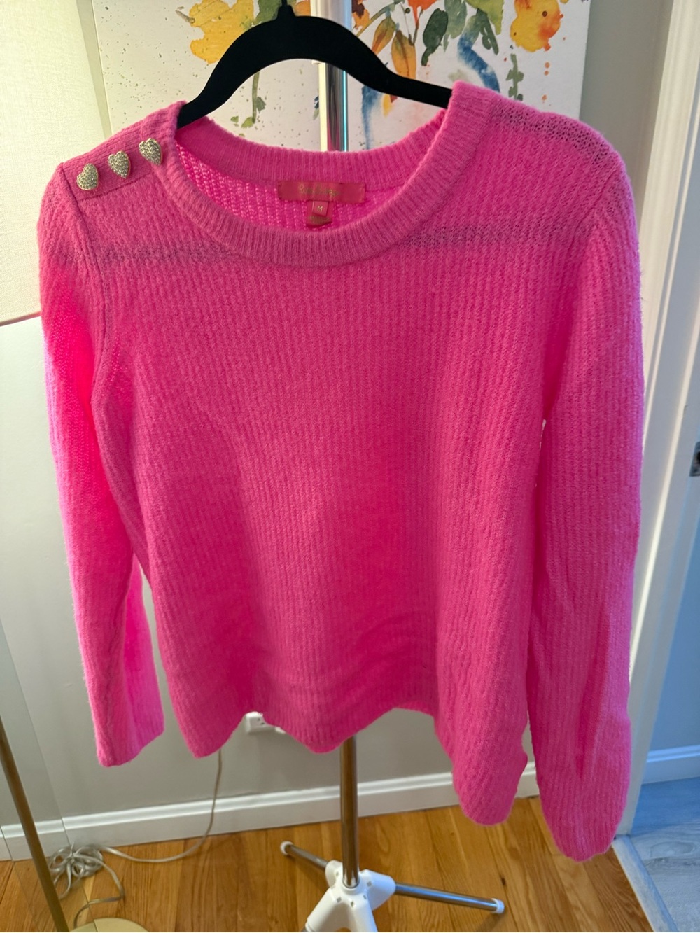 Lilly Pulitzer Hot Pink Crewneck Sweater with Shoulder Buttons
